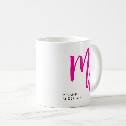 Zwart en roze script monogram koffiemok (Voorkant rechts)