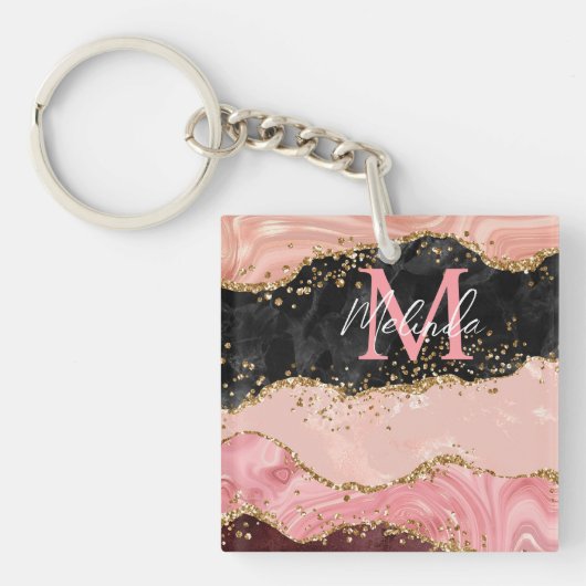 Zwart en Roze Sequins Agaat Sleutelhanger (Voorkant)