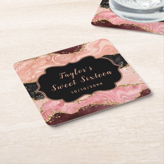 Zwart en Roze Sequins Agaat Sweet Sixteen Kartonnen Onderzetters (Schuin)