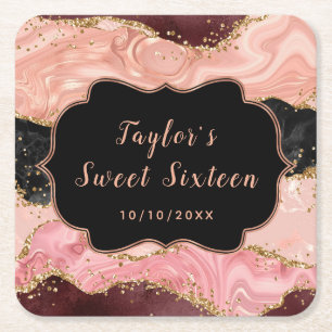 Zwart en Roze Sequins Agaat Sweet Sixteen Kartonnen Onderzetters