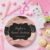 Zwart en Roze Sequins Agaat Sweet Sixteen Papieren Bordje (Feest)