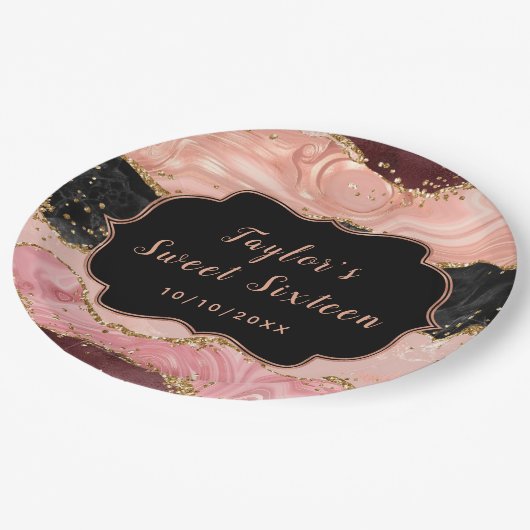 Zwart en Roze Sequins Agaat Sweet Sixteen Papieren Bordje (Gekanteld)