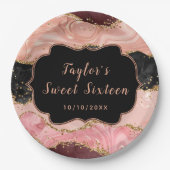 Zwart en Roze Sequins Agaat Sweet Sixteen Papieren Bordje (Voorkant)