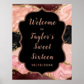 Zwart en Roze Sequins Agaat Sweet Sixteen Welkom Poster (Voorkant)