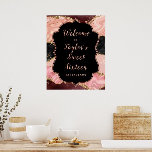 Zwart en Roze Sequins Agaat Sweet Sixteen Welkom Poster (Keuken)