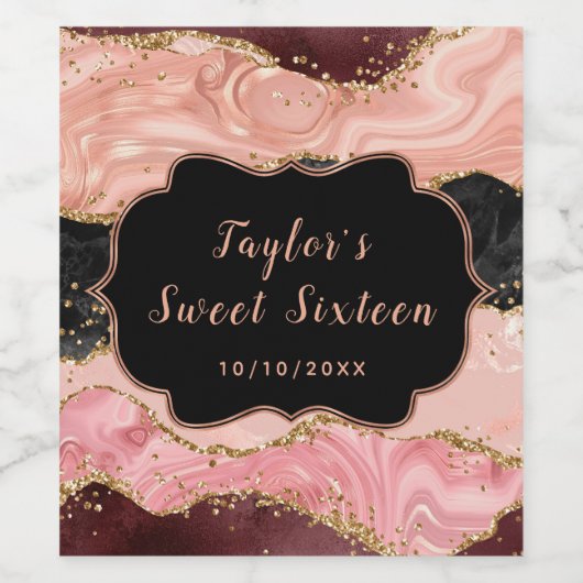 Zwart en Roze Sequins Agaat Sweet Sixteen Wijn Etiket (Enkel label)