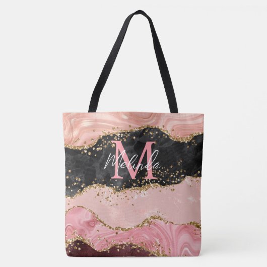 Zwart en Roze Sequins Agaat Tote Bag (Voorkant)