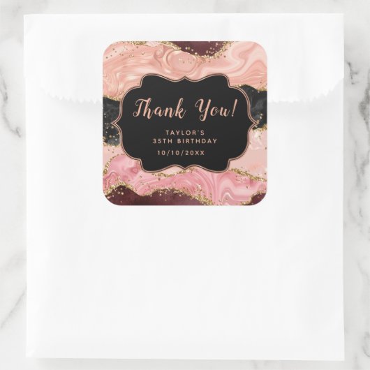Zwart en Roze Sequins Agaat Verjaardag Dank u Vierkante Sticker (Tas)