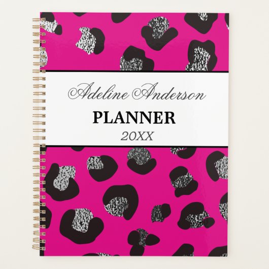 Zwart en Roze Sparkly Leopard Dierlijke Huidpatroo Planner (Voorkant)