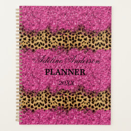 Zwart en Roze Sparkly Leopard Dierlijke Huidpatroo Planner