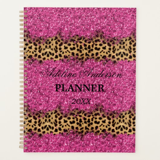 Zwart en Roze Sparkly Leopard Dierlijke Huidpatroo Planner (Voorkant)