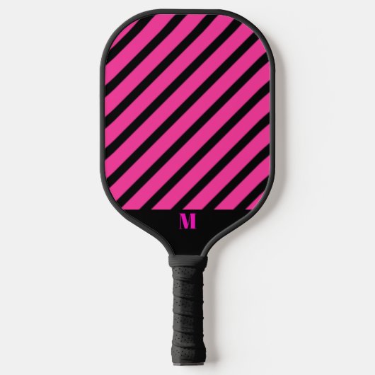 Zwart en Roze Streepjespatroon Modern Monogram Pickleball Paddle (Voorkant)