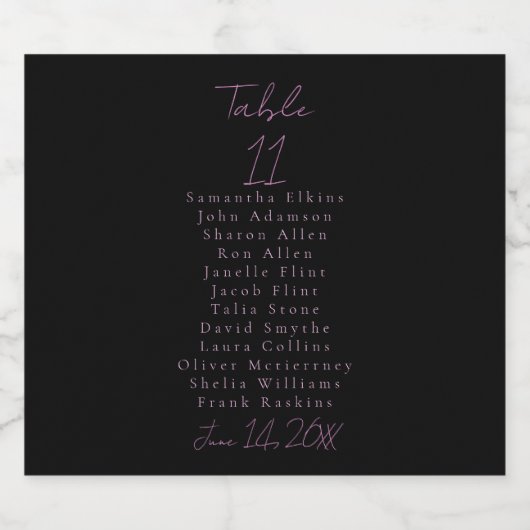 Zwart en Roze Tafelnummer Bruiloft Sparkling Wijnetiket (Enkel label)