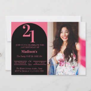Zwart en roze typografie 21e verjaardagsfeestje kaart