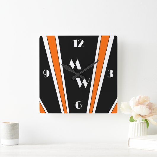 Zwart en Sinaasappel Art Deco Design Monogrammed Vierkante Klok (Huis)