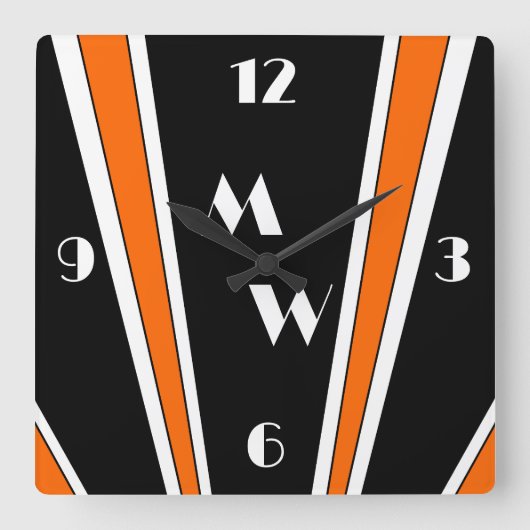 Zwart en Sinaasappel Art Deco Design Monogrammed Vierkante Klok (Voorkant)