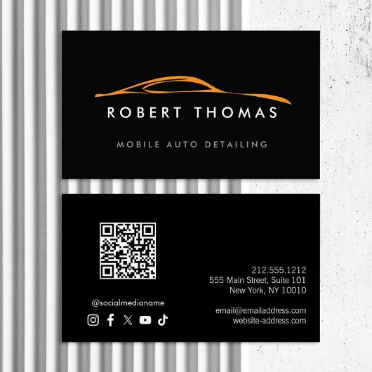 Zwart en Sinaasappel Auto Detailing QR Code Visitekaartje