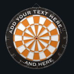 Zwart en Sinaasappel Dartbord met aangepaste tekst<br><div class="desc">Dartbord met zwarte en oranje kleuren en twee aangepaste tekstgebieden op een cirkel.</div>
