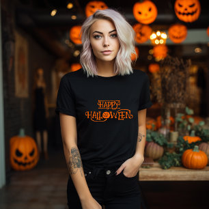 Zwart en Sinaasappel Happy Halloween Bony Typograf T-shirt