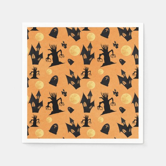 Zwart en Sinaasappel Haunted House Halloween Party Servet (Voorkant)