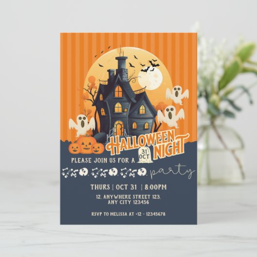 Zwart en Sinaasappel Modern Haunted House Hallowee Kaart (Staand voorkant)