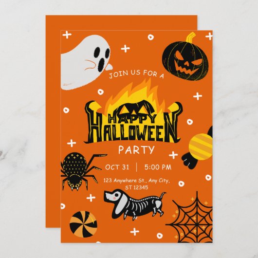 Zwart en Sinaasappel Speelse Illustratieve Hallowe Kaart (Voorkant / Achterkant)