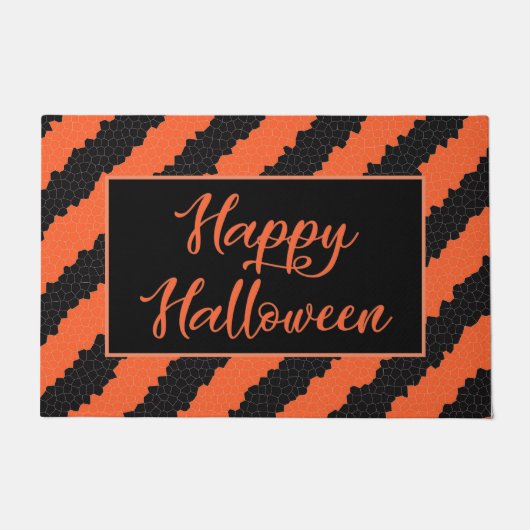 Zwart en Sinaasappel Stripe Fun Happy Halloween Deurmat (Voorkant)