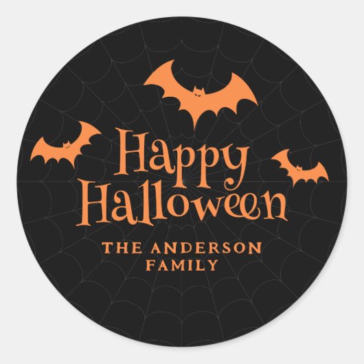 Zwart en Sinaasappel Vleermuis Happy Halloween Ronde Sticker (Voorkant)