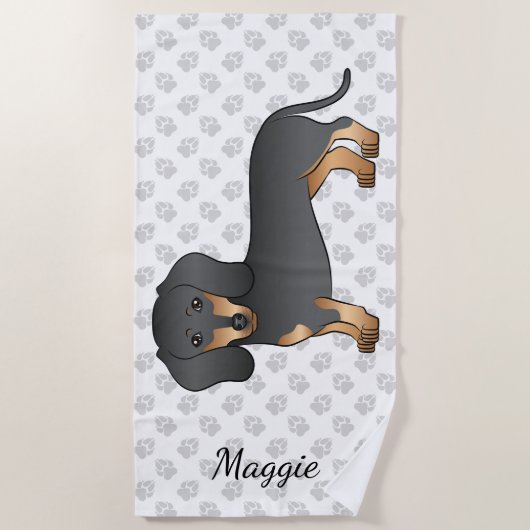Zwart en smaakvol tapijt Dachshund Dog & Name Strandlaken (Voorkant)