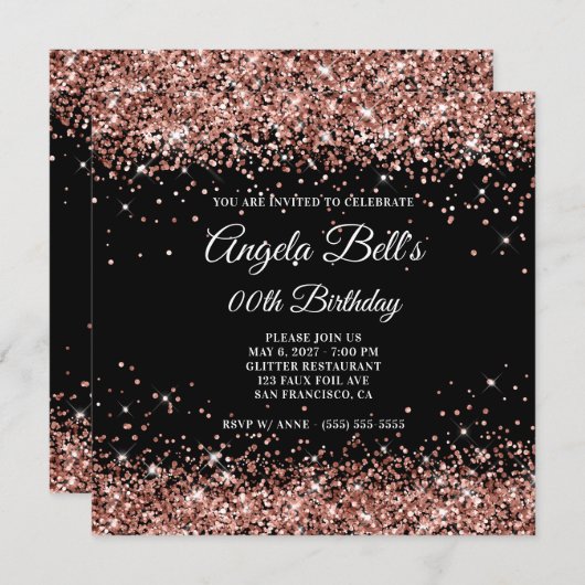 Zwart en Sparkly Roos Gold Glitter Birthday Kaart (Voorkant / Achterkant)