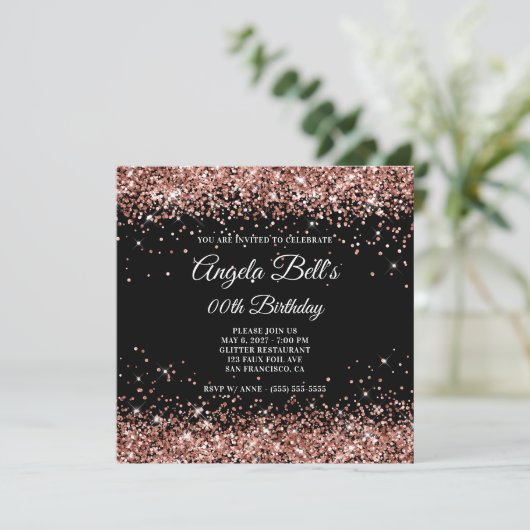 Zwart en Sparkly Roos Gold Glitter Birthday Kaart (Staand voorkant)