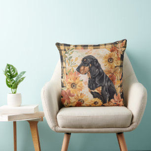 Zwart en Tan Coonhoun Dog Herfst Waterverf Flowers Kussen