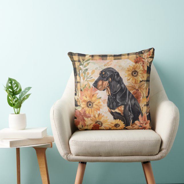 Zwart en Tan Coonhoun Dog Herfst Waterverf Flowers Kussen (Stoel)