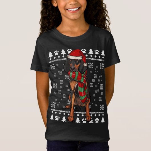 Zwart en Tan Coonhound Hond Santa Hoed Xmas Lelijk T-shirt (Voorkant)