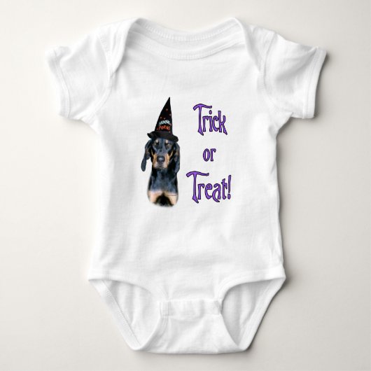 Zwart en Tan Coonhound Trick Romper (Voorkant)