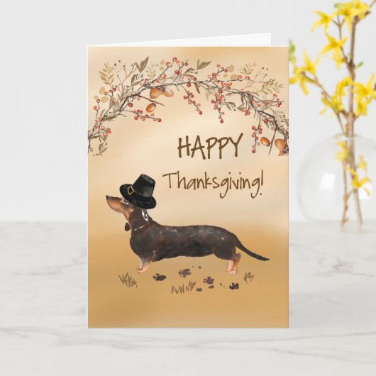 Zwart en Tan Dachshund Grappig Pet Thanksgiving Kaart (Gele Bloem)