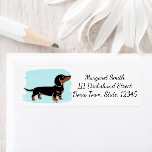 Zwart en Tan Dachshund Posing Waterverf Etiket (Insitu)