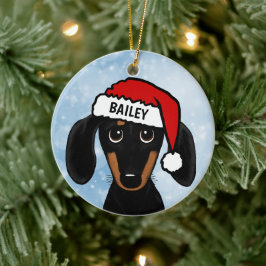 Zwart en Tan Dachshund Santa Hond Aangepaste Naam Keramisch Ornament