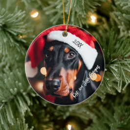  Zwart en Tan Doberman met Santa Hat Keramisch Ornament