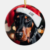 Zwart en Tan Doberman met Santa Hat Keramisch Ornament (Voorkant)