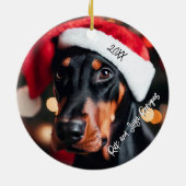 Zwart en Tan Doberman met Santa Hat Keramisch Ornament (Achterkant)