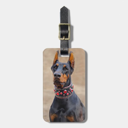 Zwart en Tan Doberman Pinscher in een juwelen kraa Bagagelabel (Voorkant verticaal)