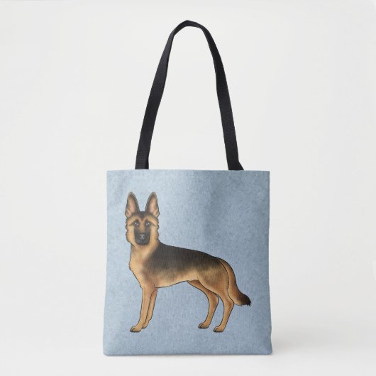 Zwart en Tan Duits Herder Cartoon Hond Blauw Tote Bag (Voorkant)