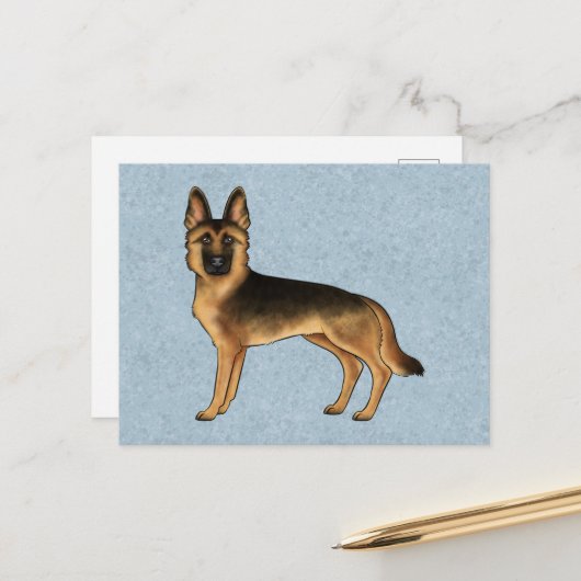 Zwart en Tan Duits Herder Schattige GSD Dog Blue Briefkaart (Voorkant / Achterkant in situ)