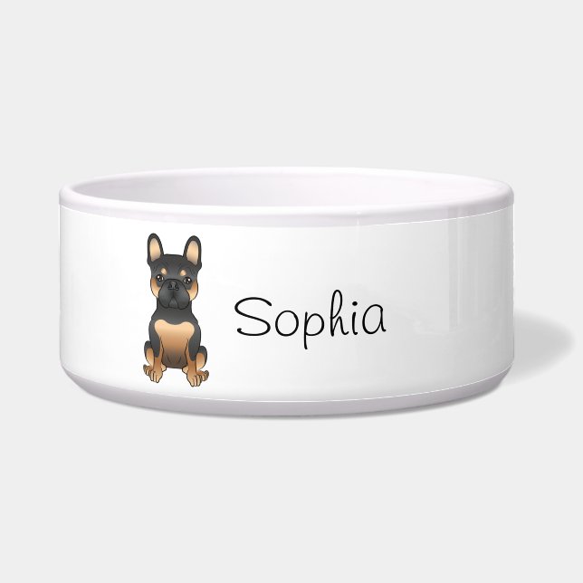 Zwart en Tan French Bulldog / Frenchie Dog & Name Voerbakje (Voorkant)