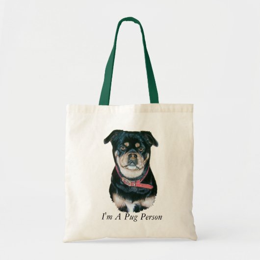 zwart en tan hondenportret met slogan pug tote bag (Voorkant)