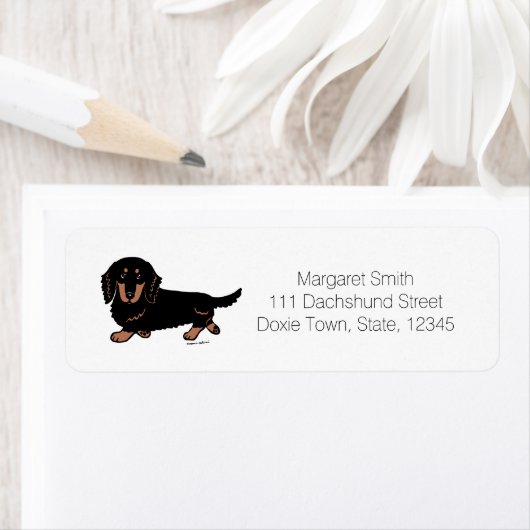 Zwart en Tan Lang Haired Dachshund 1 Etiket (Insitu)