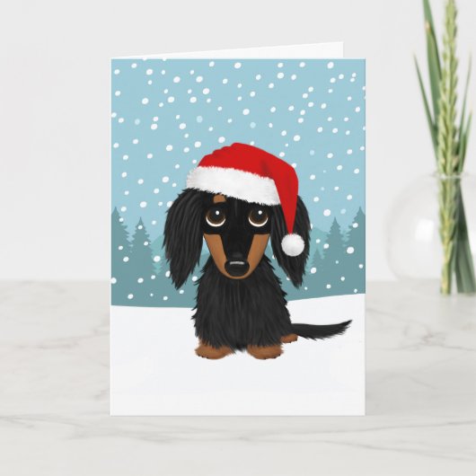 Zwart en Tan Longhaired Dachshund Hondenkerst Feestdagen Kaart (Voorkant)