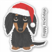 Zwart en Tan Longhaired Dachshund Santa Christmas Sticker (Voorkant)