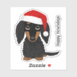 Zwart en Tan Longhaired Dachshund Santa Christmas Sticker<br><div class="desc">Verspreid vrolijkheid dit vakantieseizoen met deze schattige langharige Dachshund kerststicker! Deze vinyl sticker heeft een afbeelding van een schattige zwarte en bruine wiener hond met een feestelijke kerstmuts. Deze hoogwaardige gestanste vinyl sticker is eenvoudig aan te brengen. Plak het op uw telefoonhoes, laptop, autoruit, waterfles of gebruik het om wenskaarten...</div>
